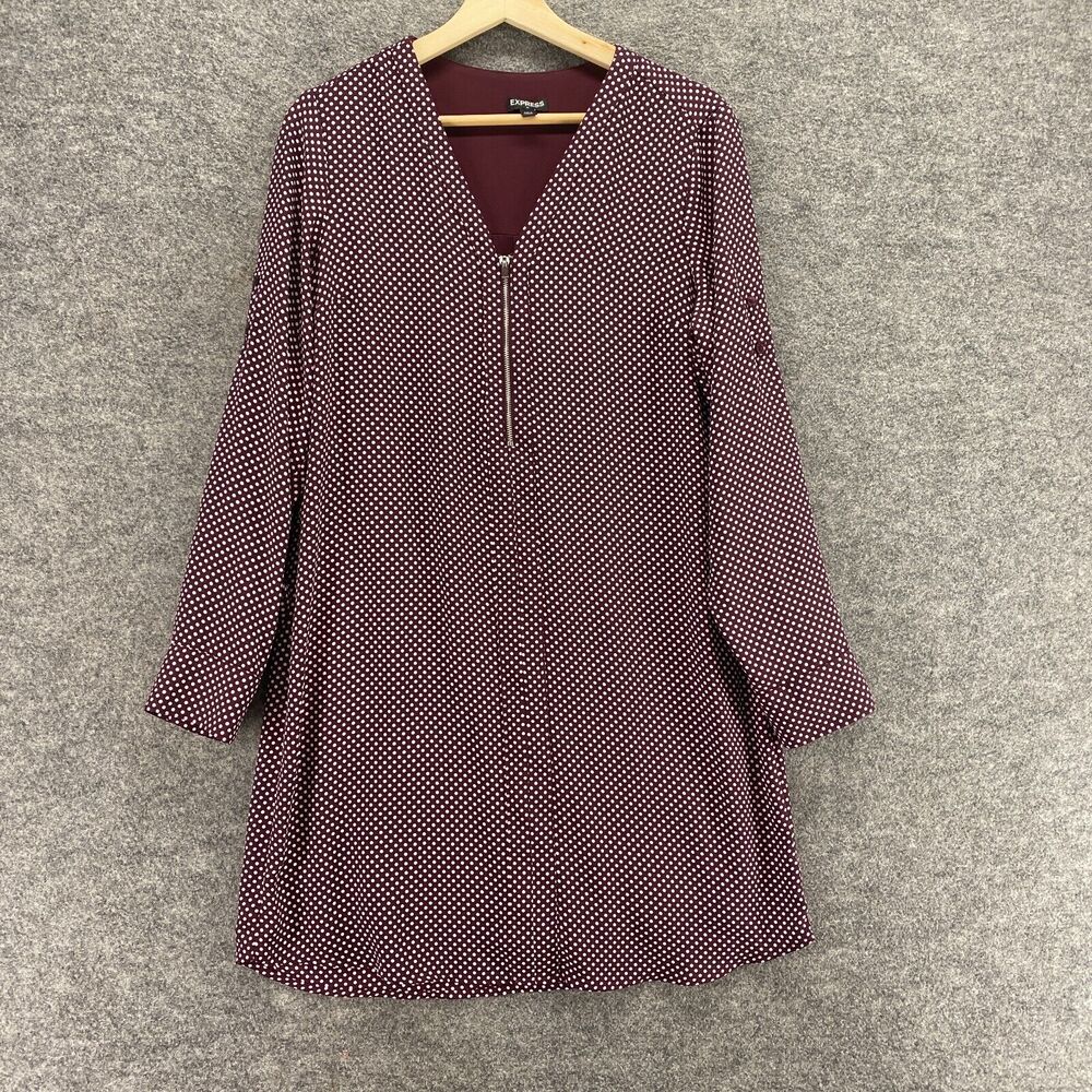Express Dress, Red Polka Dot Shift Short Zipper V-Neck Long Sleeve